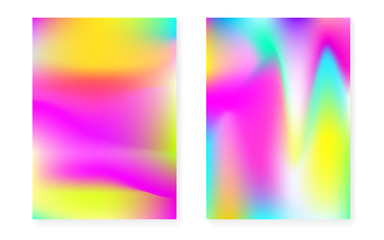 Hologram gradient background set with holographic cover. 90s, 80s retro style. Pearlescent graphic template for brochure, banner, wallpaper, mobile screen. Plastic minimal hologram gradient.
