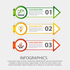 Modern 3D vector illustration. Circular step lable infographic template with three elements and arrows. Contains icons and text. Designed for business, presentations, workflow layout, 3-step diagrams