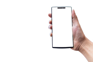 Hand holding a black mobile phone.