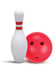 Bowling skittle and red bowling ball, isolated on white. Realistic Vector 3d illustration
