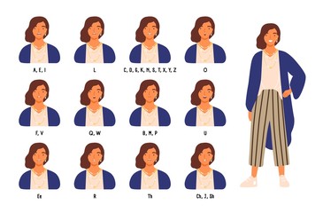 Bundle of cute female character s lips or mouth positions for different sounds. Animation set of young woman or girl speaking or pronouncing English letters. Vector illustration in flat cartoon style.