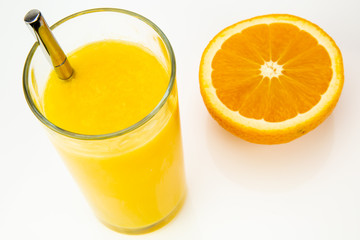 Naklejka na ściany i meble fresh orange juice and half orange isolated on white background