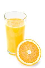 fresh orange juice and half orange isolated on white background