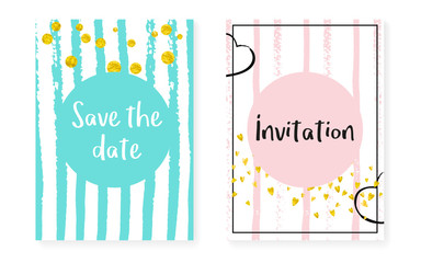 Bridal shower card with dots and sequins. Wedding invitation set with gold glitter confetti. Vertical stripes background. Vintage bridal shower card for party, event, save the date flyer.