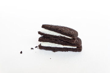 Close up section view cookie and cream isolated on white background.