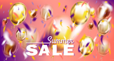 Seasonal sales and deals banner with metallic balloons on violet and pink background
