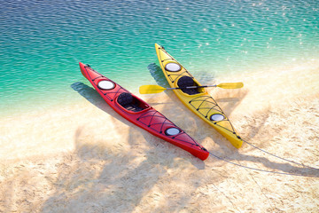 Two sea kayaks on the sand coast. 3D