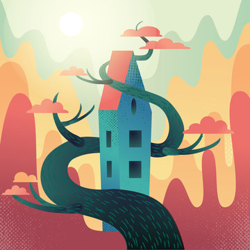 Fabulous house with roof, intertwined with tree on mountains,hills background. Autumn weather, warm fall sun shines, orange crowns. Square Flat cartoon vector illustration with textures and gradient