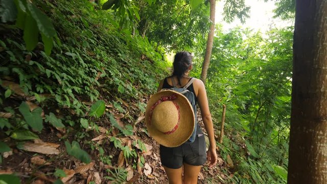 Young Woman Walking Through Green Tropical Rainforest Jungle. 4K. Bali, Indonesia.