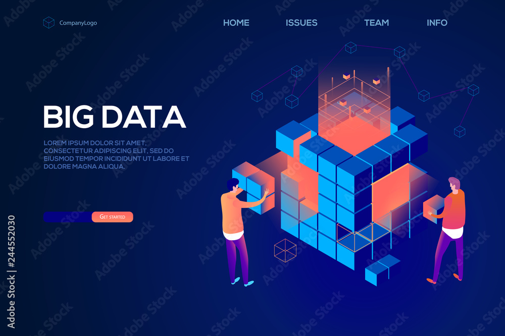 Poster people interacting with big data isometric concept. data visualization concep and people concept. la
