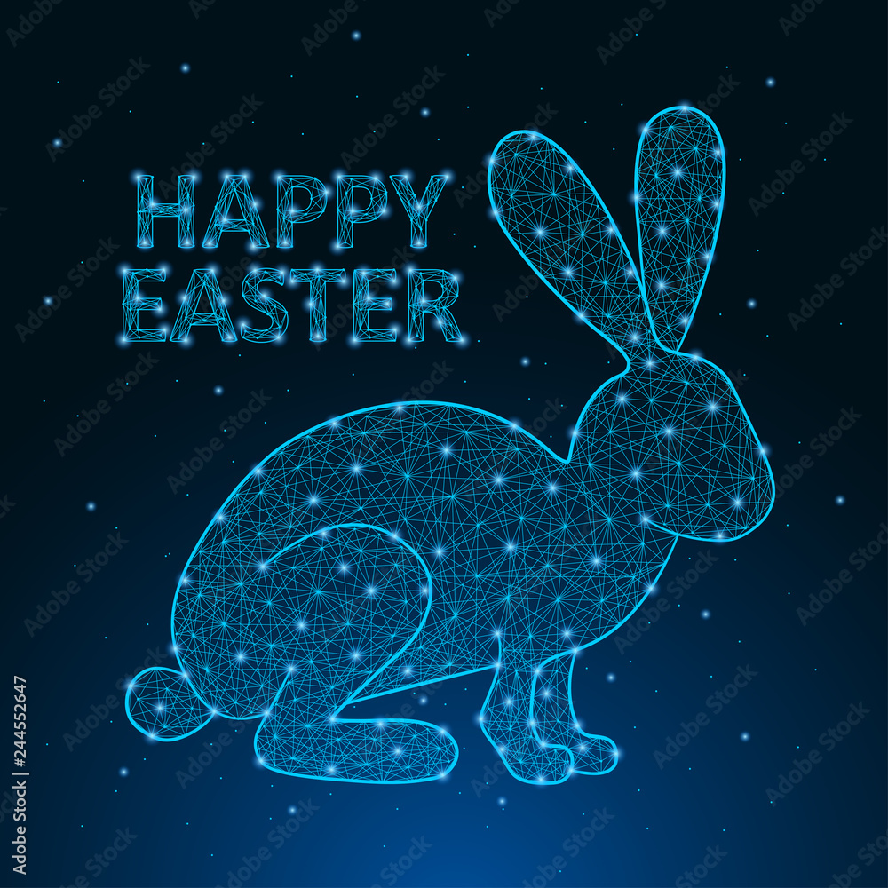 Poster happy easter illustration made by polygonal wireframe mesh with low poly rabbit. greeting card. vect