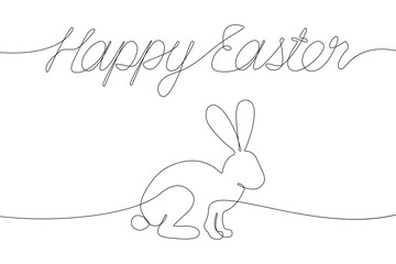 Happy Easter decorations with one line inscription and rabbit. Continuous line drawing lettering and bunny for Easter holyday. Vector illustration.