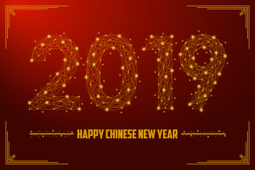 2019 Chinese New Year illustration made by points and lines, polygonal low poly wireframe mesh on red background. Vector.