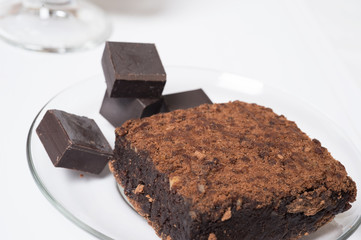 piece of chocolat cake with chocolat. close up