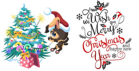 Fototapeta premium Cartoon cute happy dog decorating christmas tree
