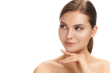 The beautiful female face. The perfect and clean skin of face on white. The beauty, care, skin, treatment, health, spa, cosmetic concept