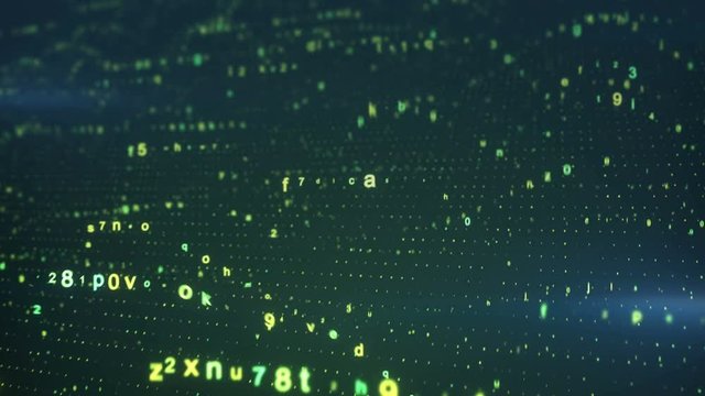 Floating random letters. Big data analysis. Computer generated graphics. Seamless loop animation 3D render with DOF 4k UHD 3840x2160