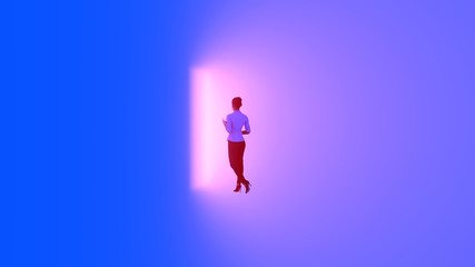 woman in front of the door emitting light