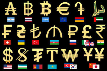 Set of currency symbols of different countries of the world with their national flags, isolated on black. 3D render.