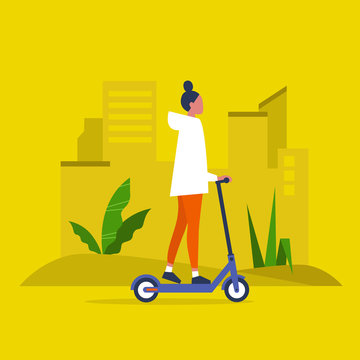 Young female character riding an electric scooter. Urban  transportation. Modern technologies. Millennial lifestyle. Active young adults. Flat editable vector illustration, clip art