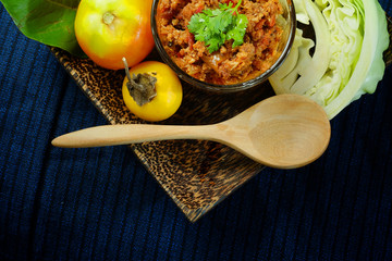 ( Nam Prik Aong) Northern Thai Meat and Tomato Spicy Dip or Thai Northern Style Chilli Paste Served...