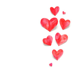 Watercolor hearts.  Love concept for mother's day and valentine's day.  Top view. Copy space