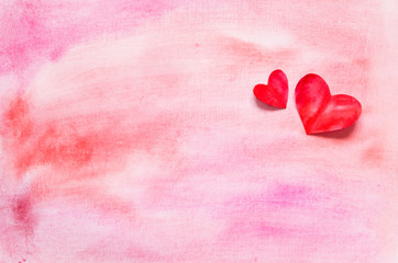 Watercolor hearts and background.  Love concept for mother's day and valentine's day.  Top view....