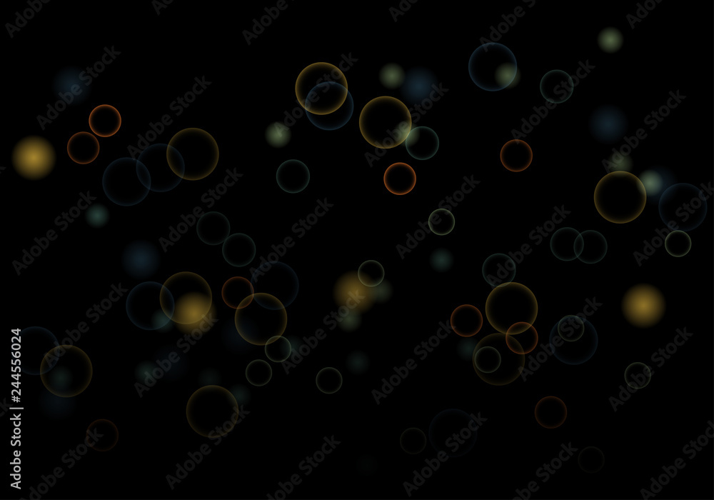 Poster Bokeh in abstract style on black background. Illuminated design. Vector abstract geometric background. Bright bokeh texture. Bokeh. Modern wallpaper. Vector holiday design.