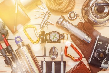 Traveler accessories on table, top view, flat lay