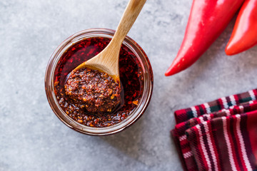 Hot Mexican Spicy Chili Red Sauce Salsa Macha with Red Pepper Powder in Jar.