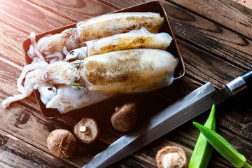 Live squids preparing for cooking.