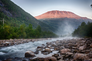 Gaustatoppen in the morning with foggy river
