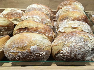 Closeup of freshly baked bread on shop shelf display
