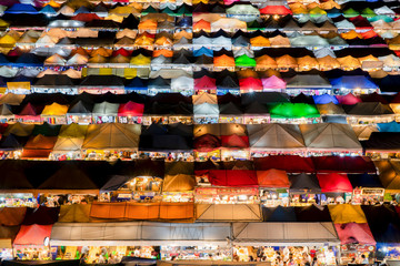 BANGKOK THAILAND. September 11,2018; The beautiful top view of night market with colorful tents, Ratchada Night Market, Bangkok. Thailand