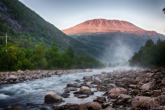 Gaustatoppen in the morning with foggy river