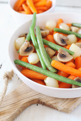 Stewed vegetables: carrots, green beans, braised onion with mushrooms