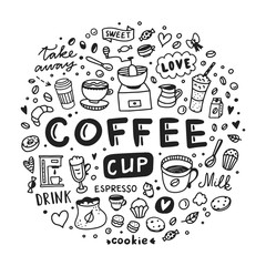 Coffee hot drinks round concept. Doodle vector coffee elements and graphics on white background