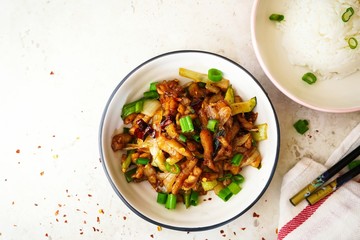 Bowl of Chilli fish teriyaki in garlic soy sauce, top view