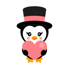 valentines day cartoon penguin with hat and heart