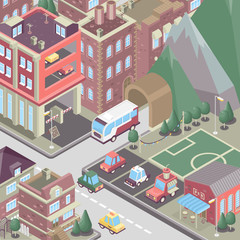 City district in isometric 3d style. Vector town. Set of buildings, houses, townhouses, multi-family homes, shop, bar, school, hospital, car parking.