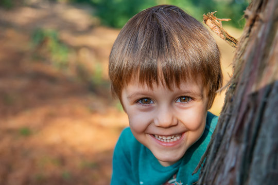 The boy poses beside the tree in nature