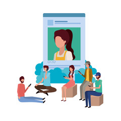 group of people with instant photo of woman character