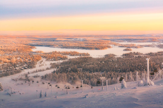 View of the ski resort Ruka Finnish Lapland, cold winter sunset.