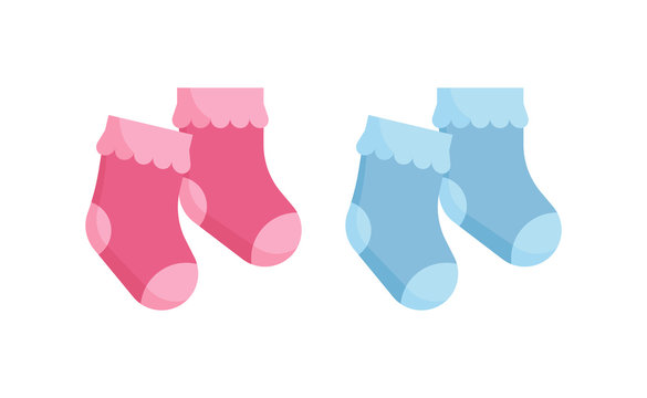 Children socks vector illustration set - pink and blue newborn wearing  isolated on white background. Stock Vector