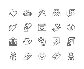Simple Set of Love Related Vector Line Icons. Contains such Icons as Romantic Letter, Happy Couple, Gift, Broken Heart and more. Editable Stroke. 48x48 Pixel Perfect.
