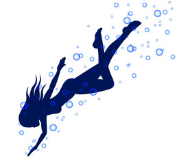 Silhouette of swimming woman surrounded by bubbles on white background