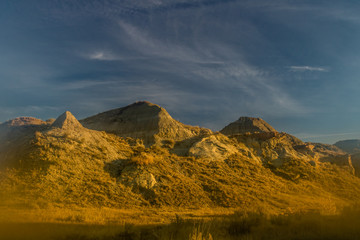 Early morning sun and bright blue skys, Dinosaur Provincial Park, Alberta, Canada