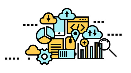 Naklejka premium Flat line icon art style concept, Cloud computing, data storage, web services. vector illustration