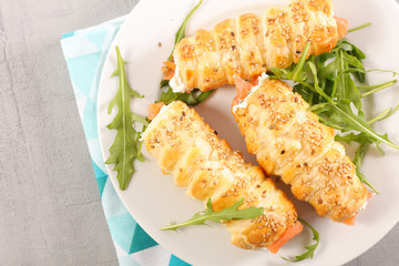 pastry with cream and salmon