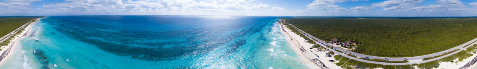 360 degree aerial panorama of beaches on the east side of Cozumel, Mexico